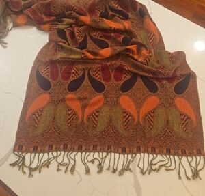 Cashmere Silk Pashmina Fringe Oversized Paisely Burgungdy Brown Scarf Shawl